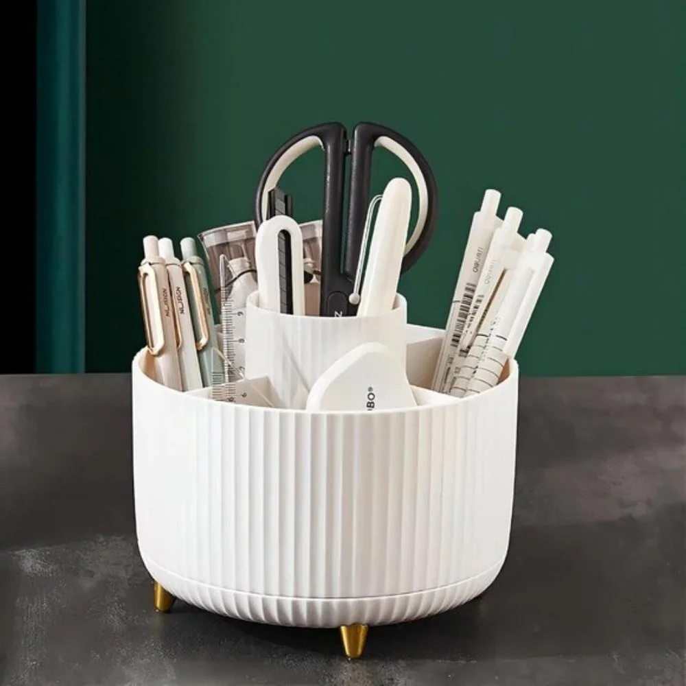 Large Capacity 360° Rotating Makeup Brush Holder, 5-Slot White Vanity Organizer